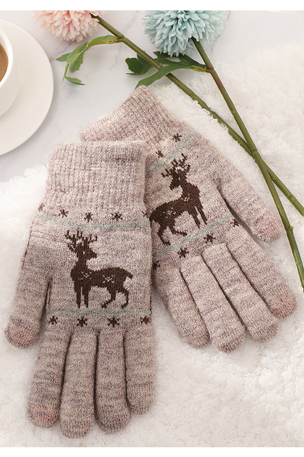 Women Magnificent Deer Printed Thick Cozy Winter Knitted Gloves