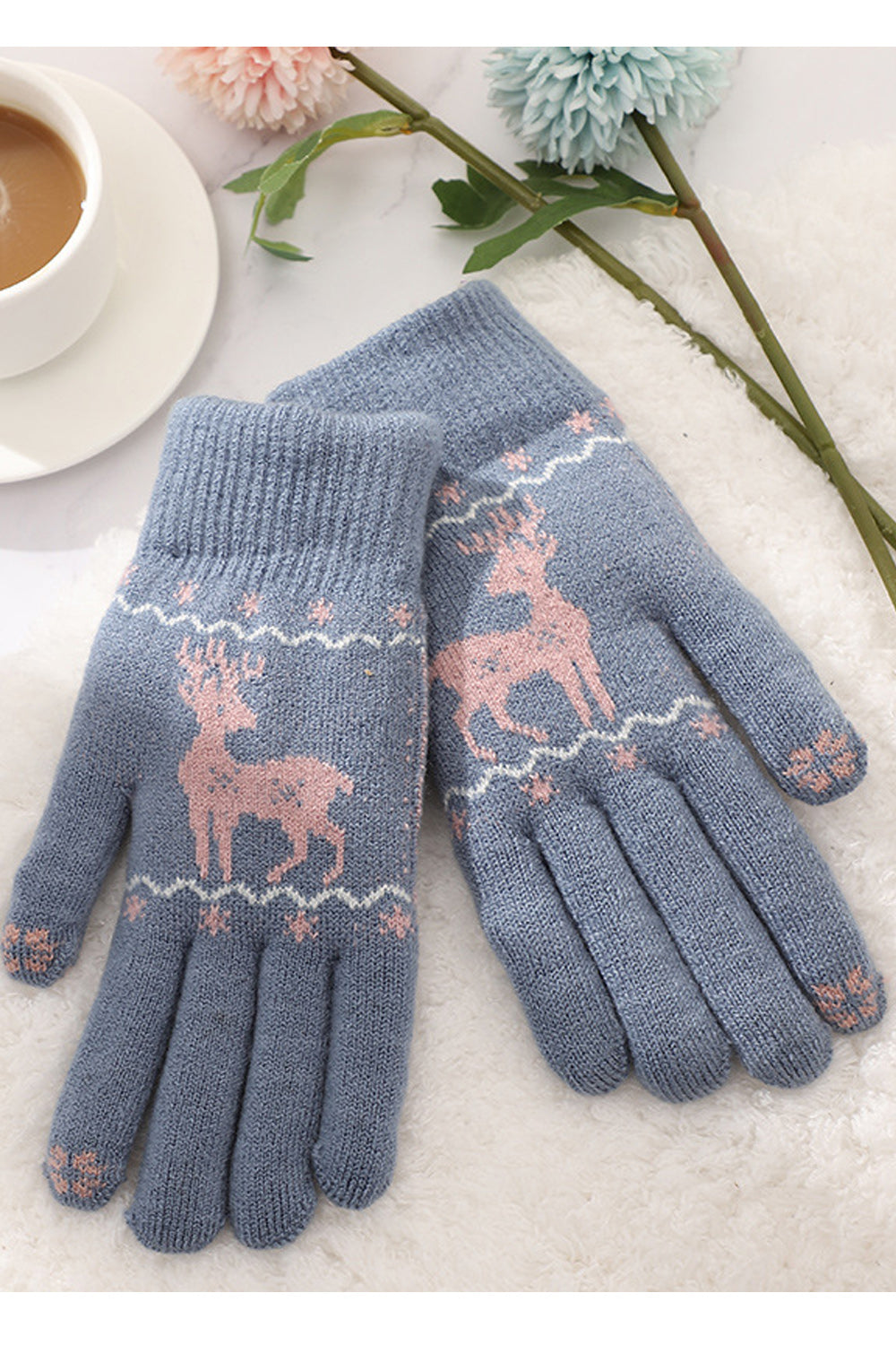 Women Magnificent Deer Printed Thick Cozy Winter Knitted Gloves