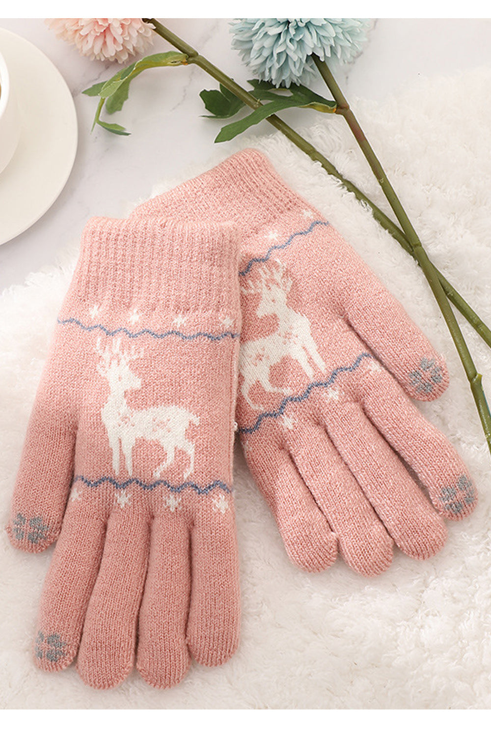 Women Magnificent Deer Printed Thick Cozy Winter Knitted Gloves