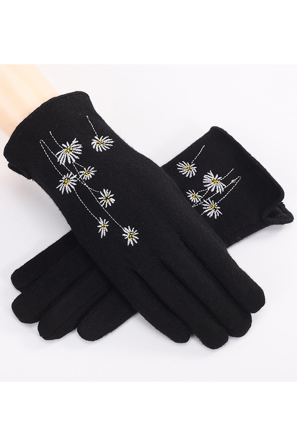 Women Beautiful Solid Pattern Pretty Floral Printed Knitted Gloves