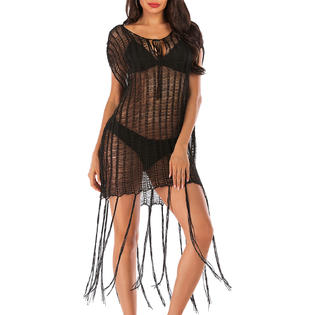 Women Tassel Hem Sleeveless Solid Colored Cover-Up
