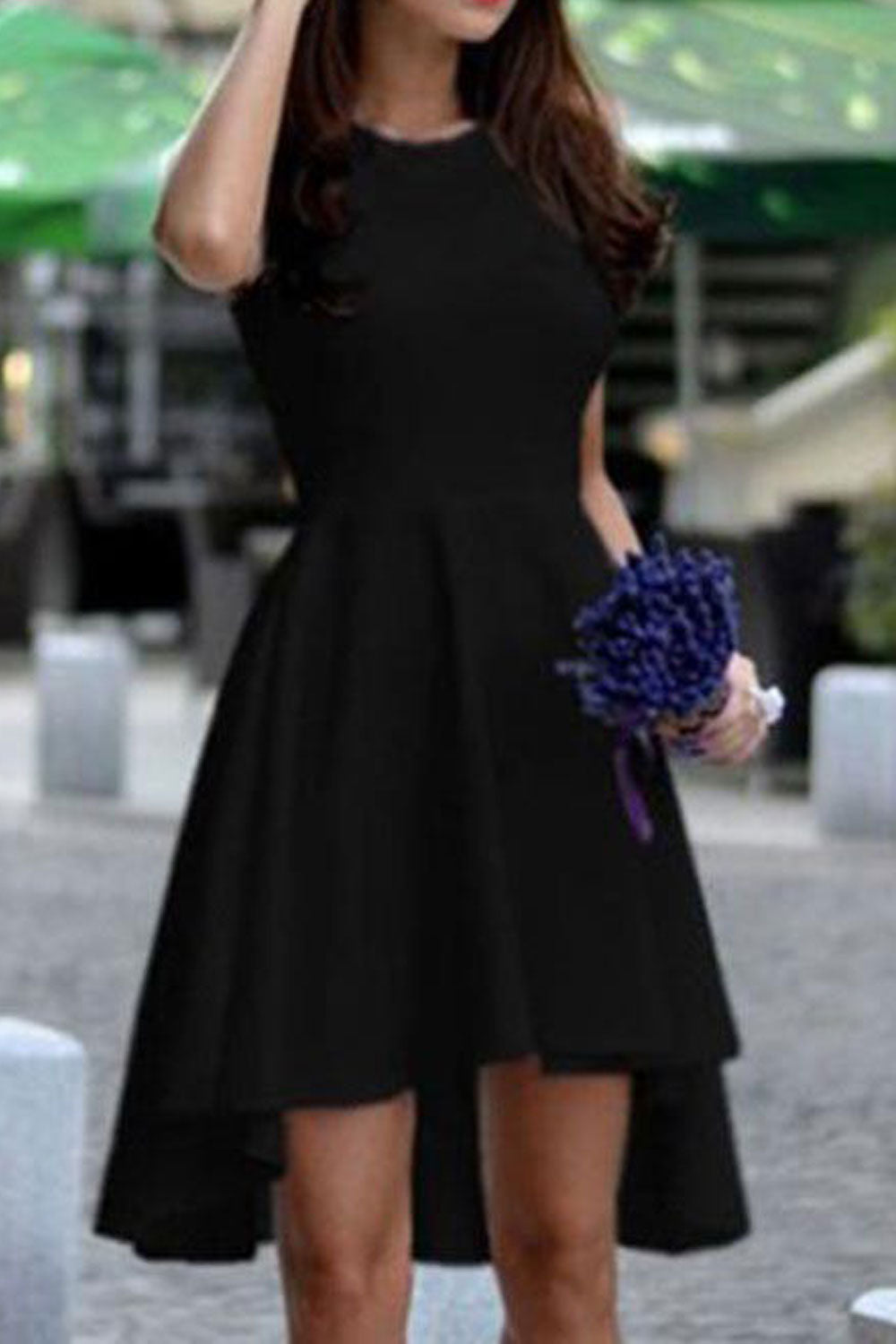 Women Round Neck Irregular Solid Pattern Dress