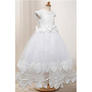 Kids Girls Elegent Lace Pattern Restful Round Neck Big Bow Ball Gown Fancy Dress