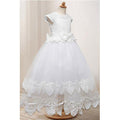 Kids Girls Elegent Lace Pattern Restful Round Neck Big Bow Ball Gown Fancy Dress