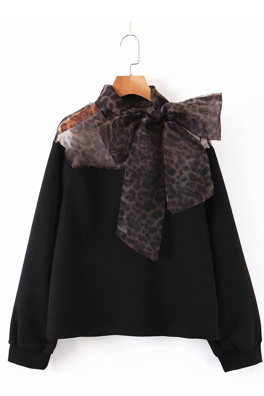 Women Bow Attached Long Sleeve Ribbed Cuff Fashionable Sweatshirt