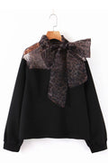 Women Bow Attached Long Sleeve Ribbed Cuff Fashionable Sweatshirt