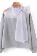 Women Ribbon Knotted Long Sleeve Elegant Solid Colored Sweatshirt
