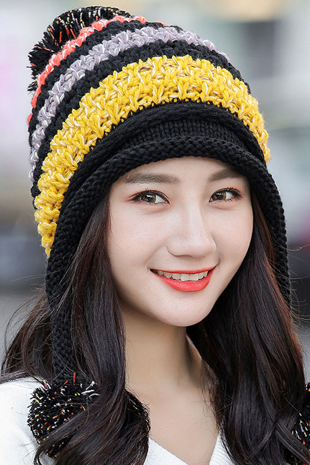 Women Fluffy Ball Decorated Warm Earmuffs Knitted Hat
