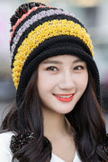 Women Fluffy Ball Decorated Warm Earmuffs Knitted Hat