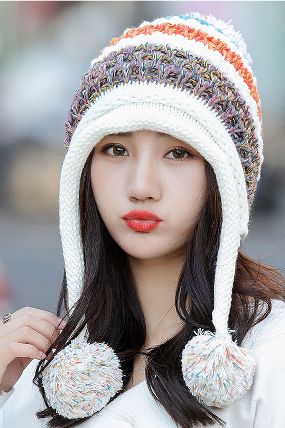 Women Fluffy Ball Decorated Warm Earmuffs Knitted Hat