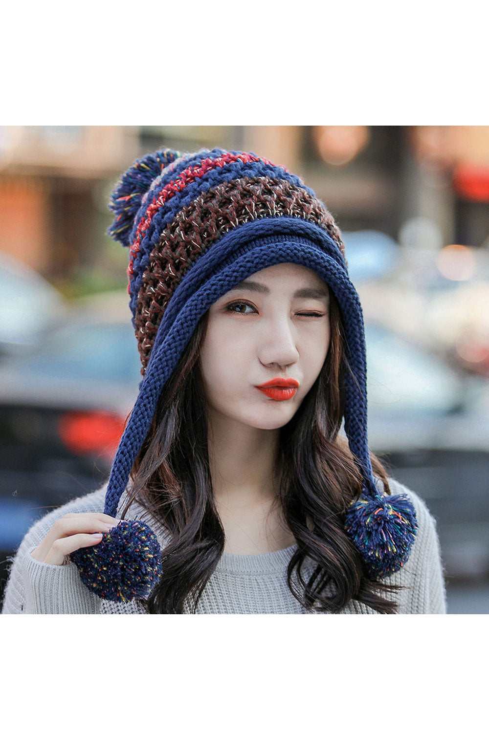 Women Fluffy Ball Decorated Warm Earmuffs Knitted Hat