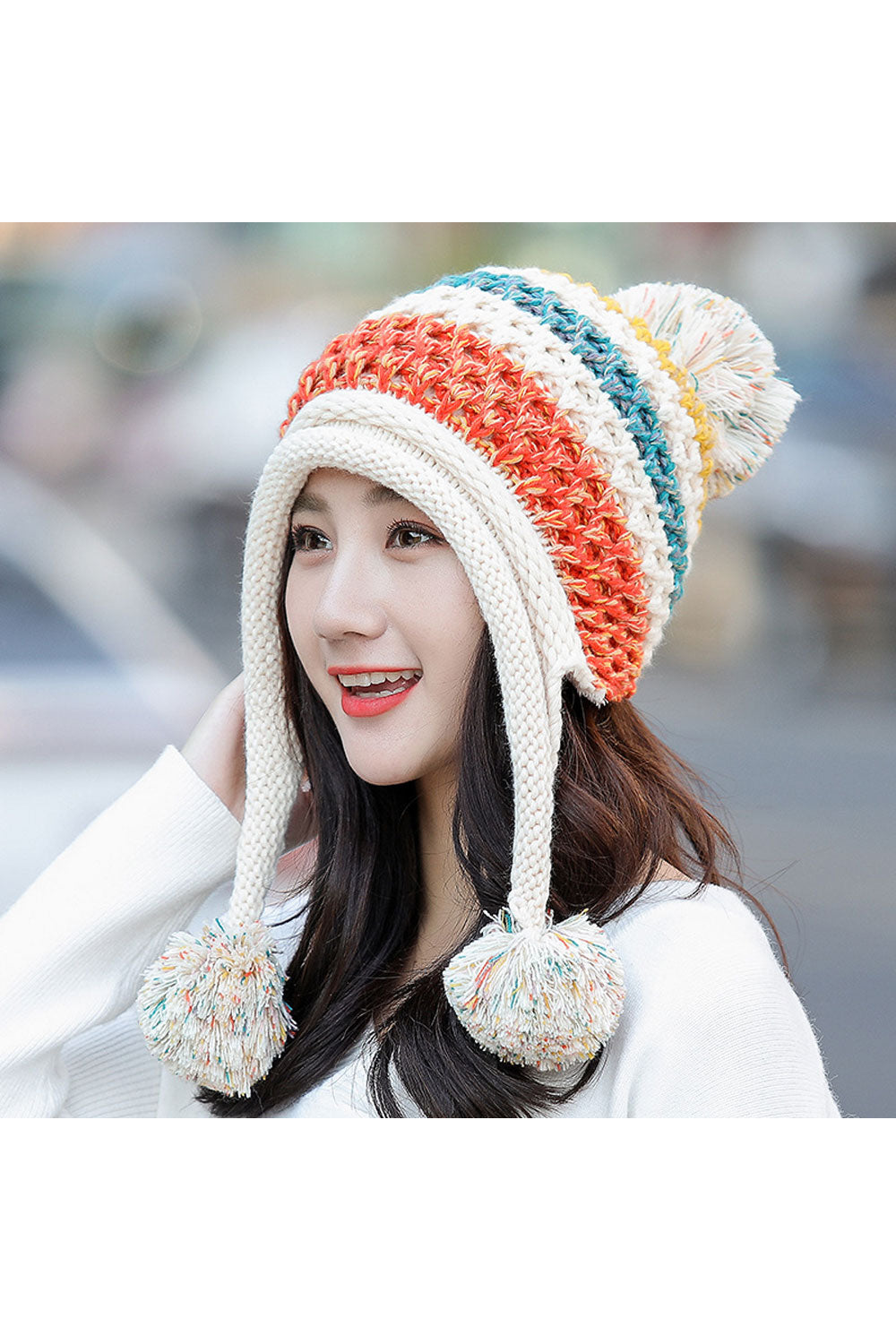Women Fluffy Ball Decorated Warm Earmuffs Knitted Hat
