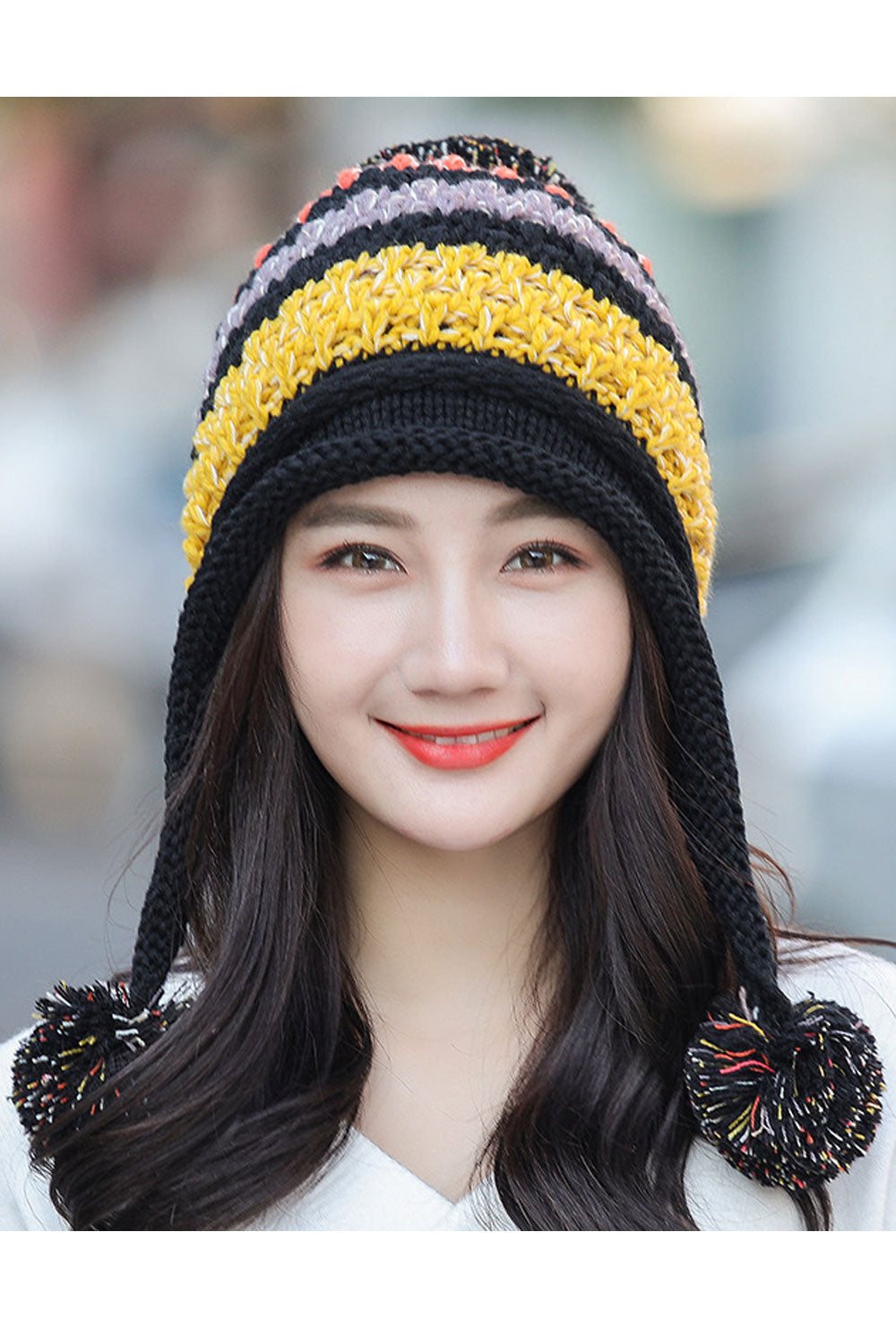 Women Fluffy Ball Decorated Warm Earmuffs Knitted Hat