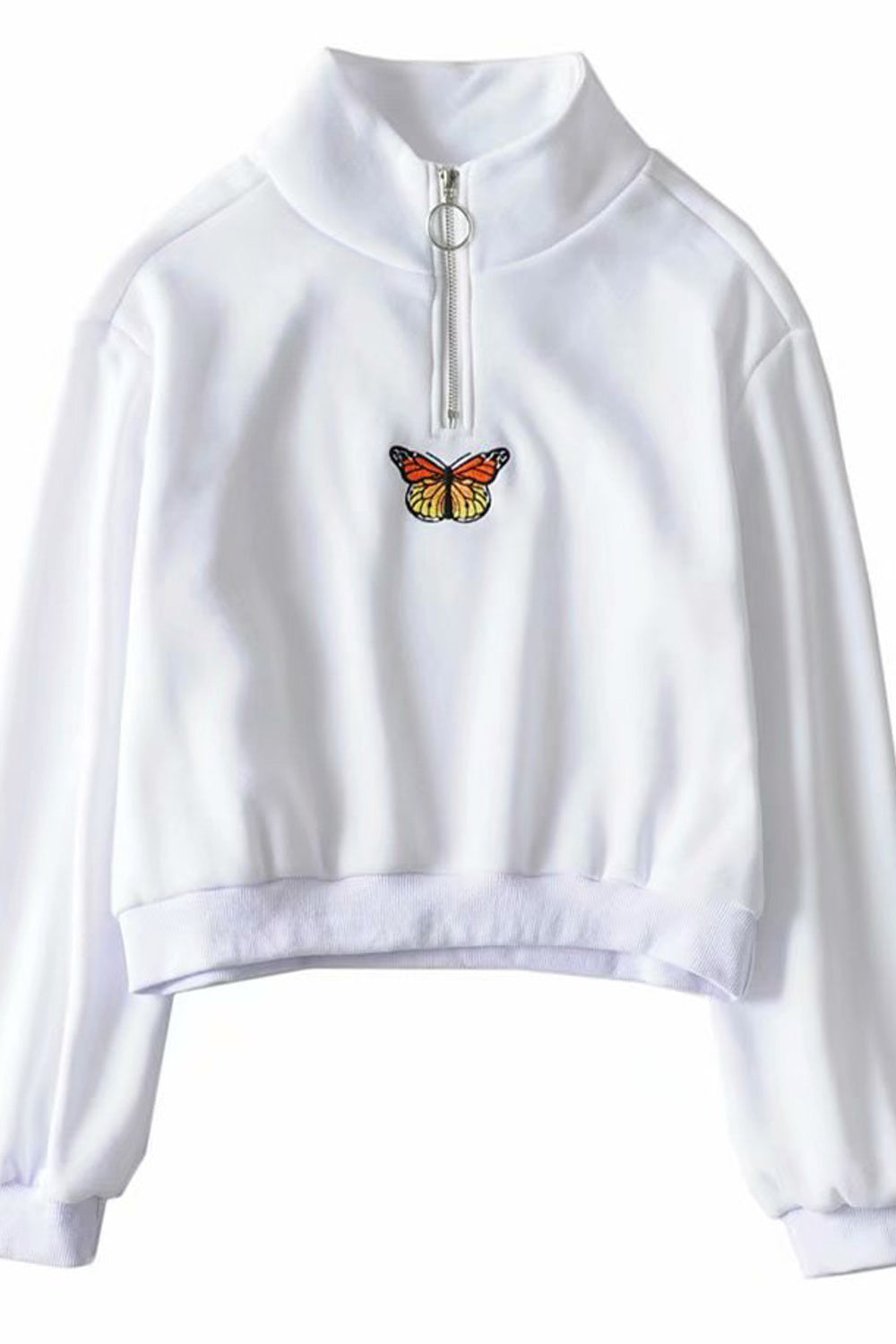 Women Collar Neck Butterfly Embroidered Long Sleeve Soft & Cozy Sweatshirt
