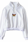 Women Collar Neck Butterfly Embroidered Long Sleeve Soft & Cozy Sweatshirt