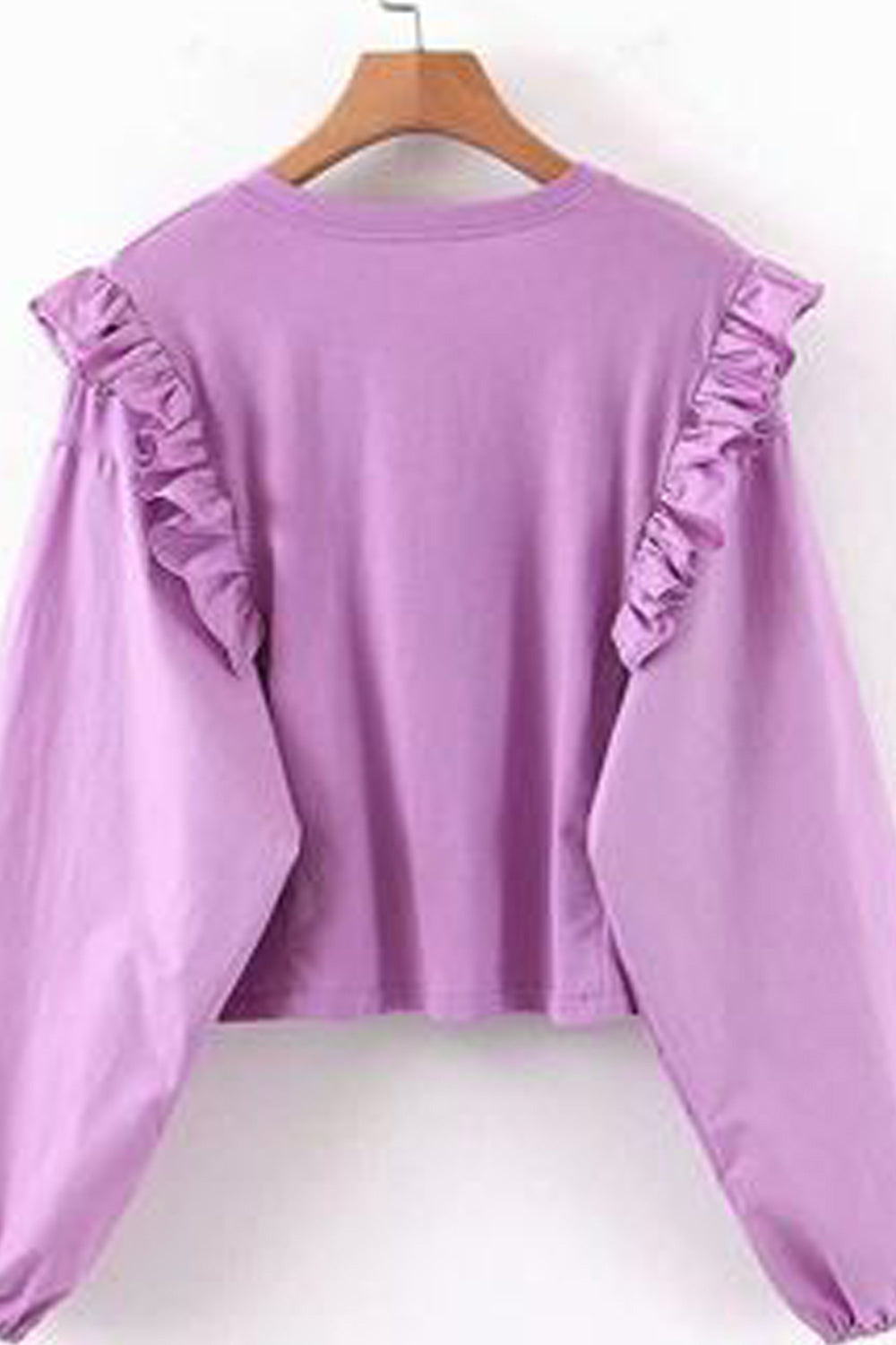 Women Solid Pattern Round Neck Ruffled Bust Long Sleeve Comfy Sweatshirt
