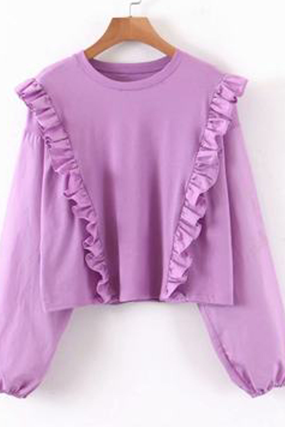 Women Solid Pattern Round Neck Ruffled Bust Long Sleeve Comfy Sweatshirt