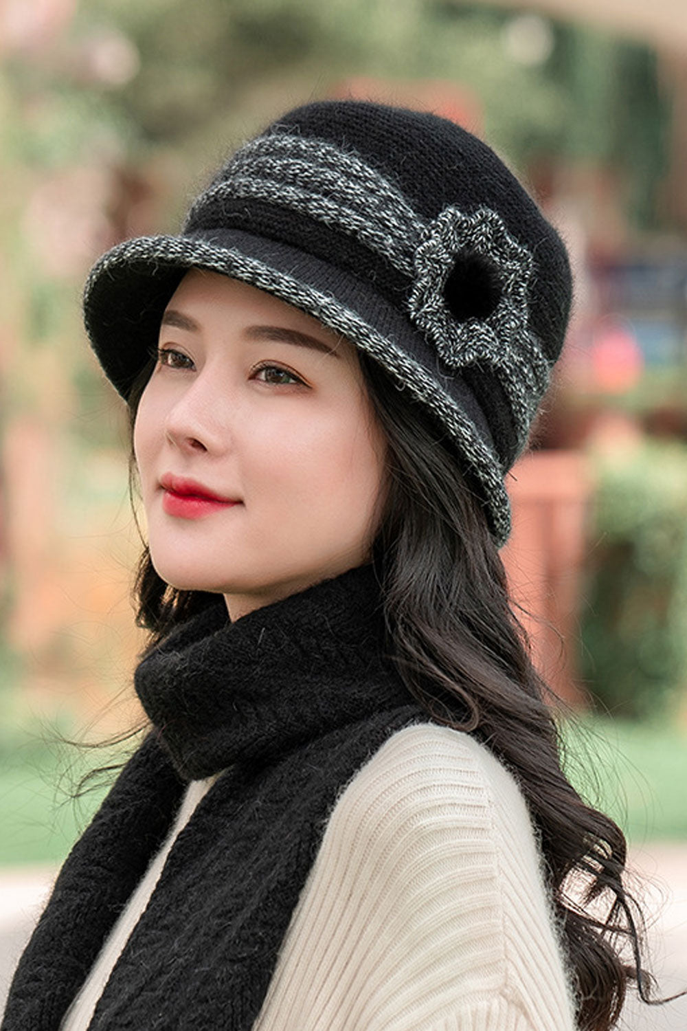 Women Beautiful Flower Ear Protection Warm Knitted Hat
