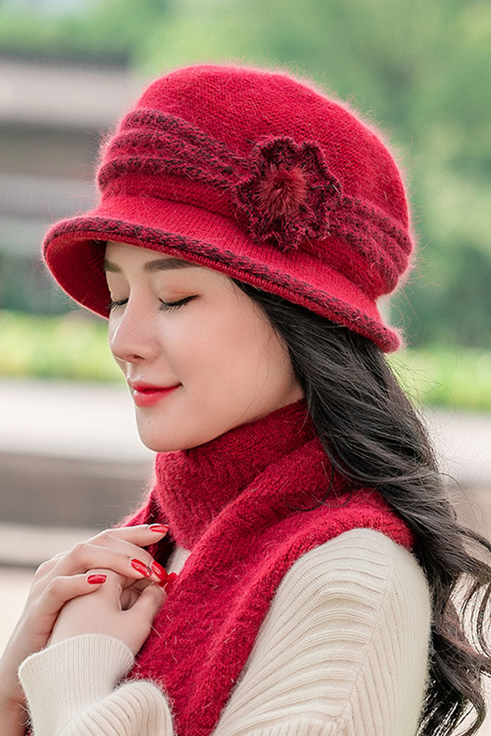Women Beautiful Flower Ear Protection Warm Knitted Hat