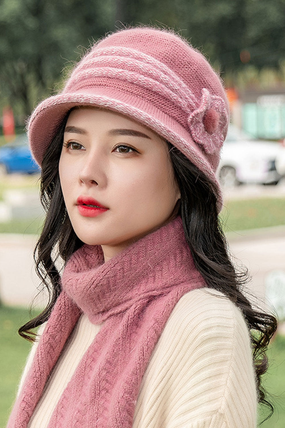 Women Beautiful Flower Ear Protection Warm Knitted Hat