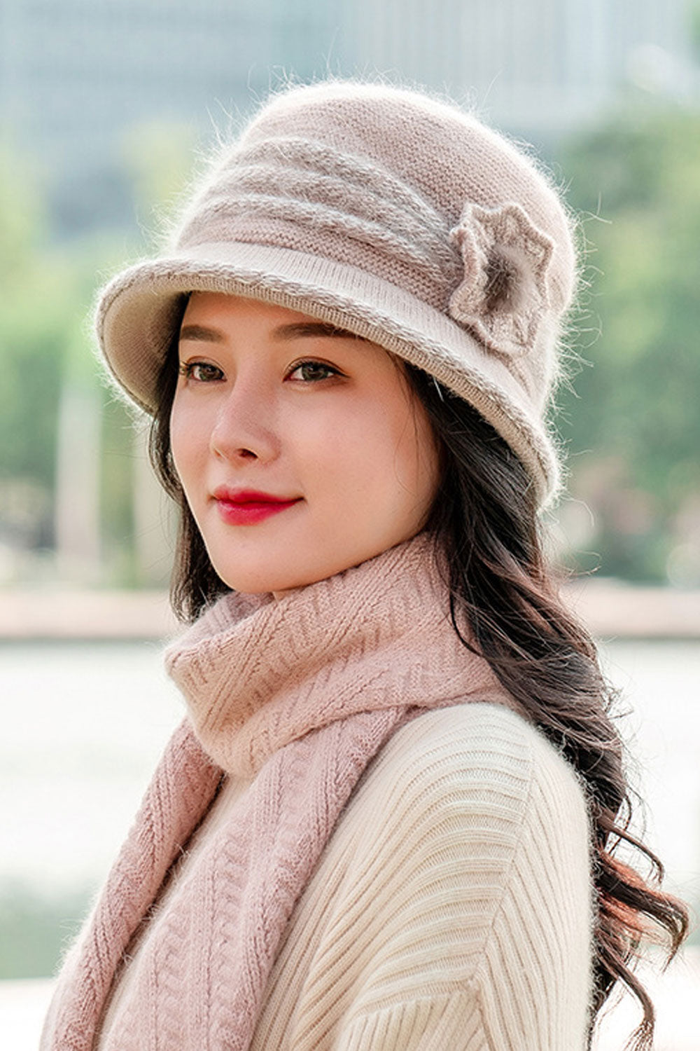 Women Beautiful Flower Ear Protection Warm Knitted Hat