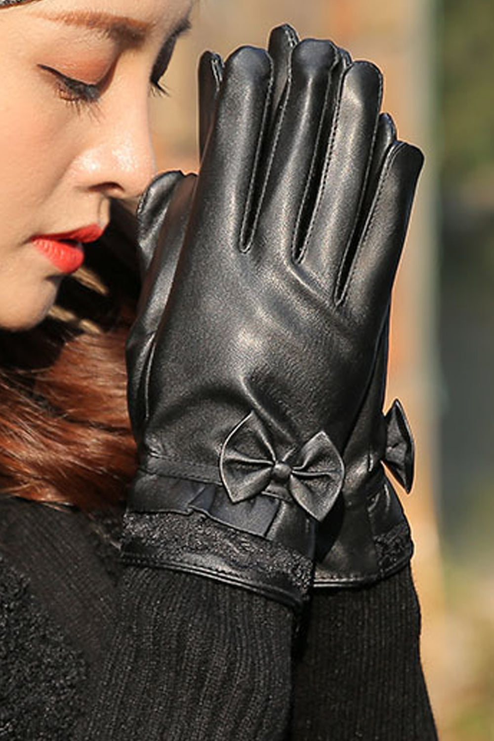 Women Cute Bow Decoration Hand Protection Warm Leather Gloves