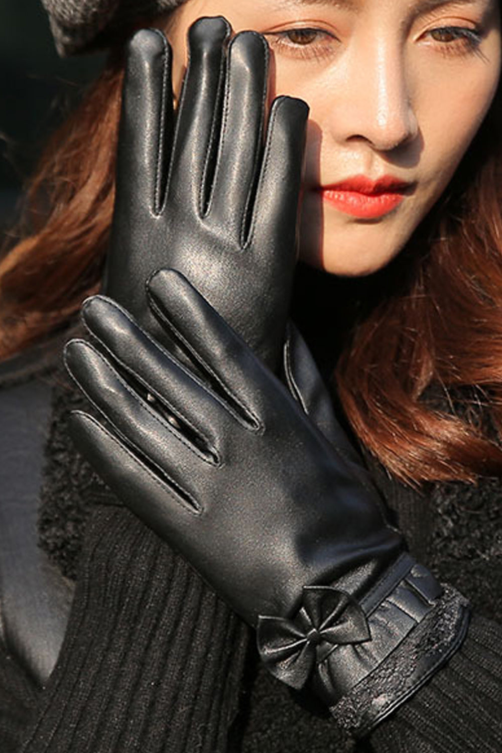 Women Cute Bow Decoration Hand Protection Warm Leather Gloves