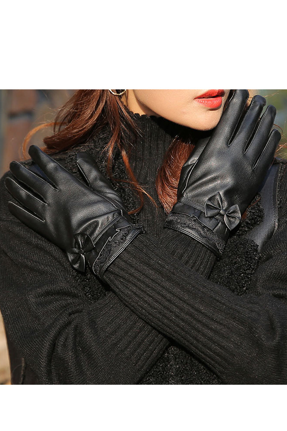 Women Cute Bow Decoration Hand Protection Warm Leather Gloves
