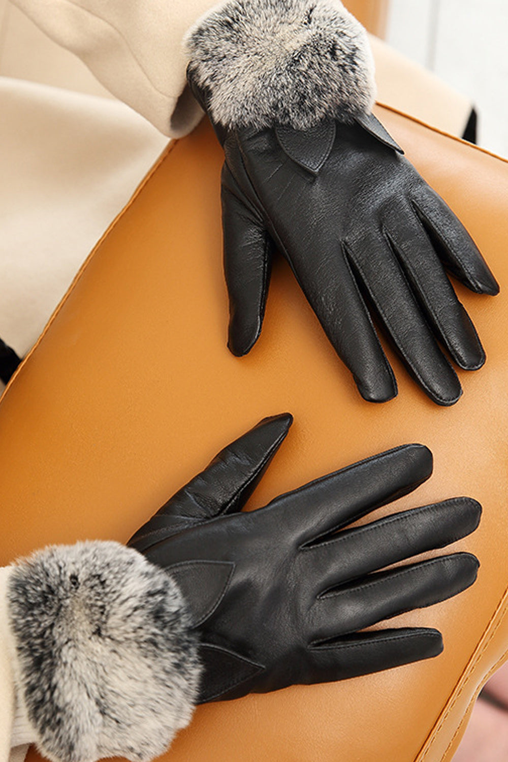Women Cute Hairball Split Finger Warm Leather Gloves