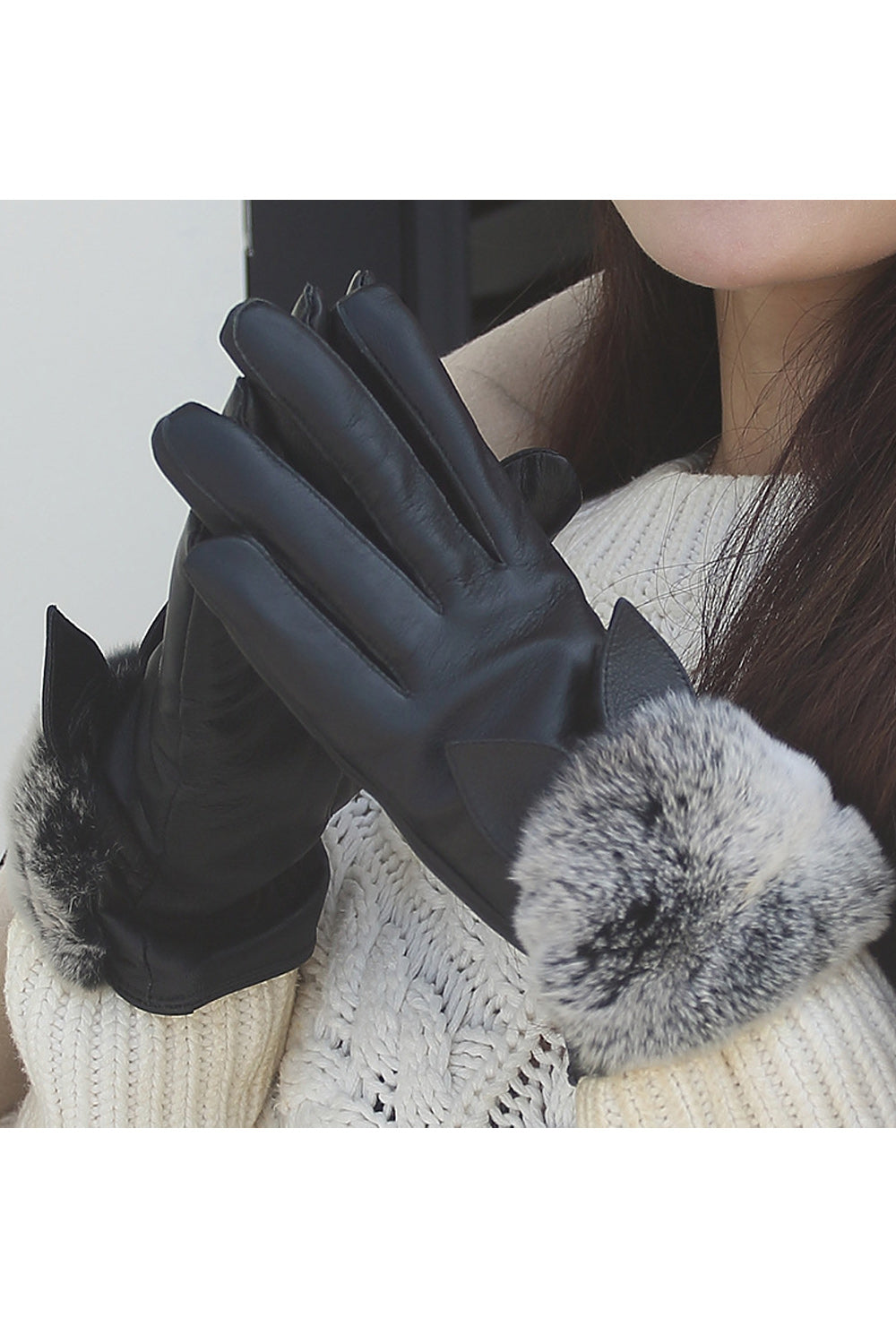 Women Cute Hairball Split Finger Warm Leather Gloves