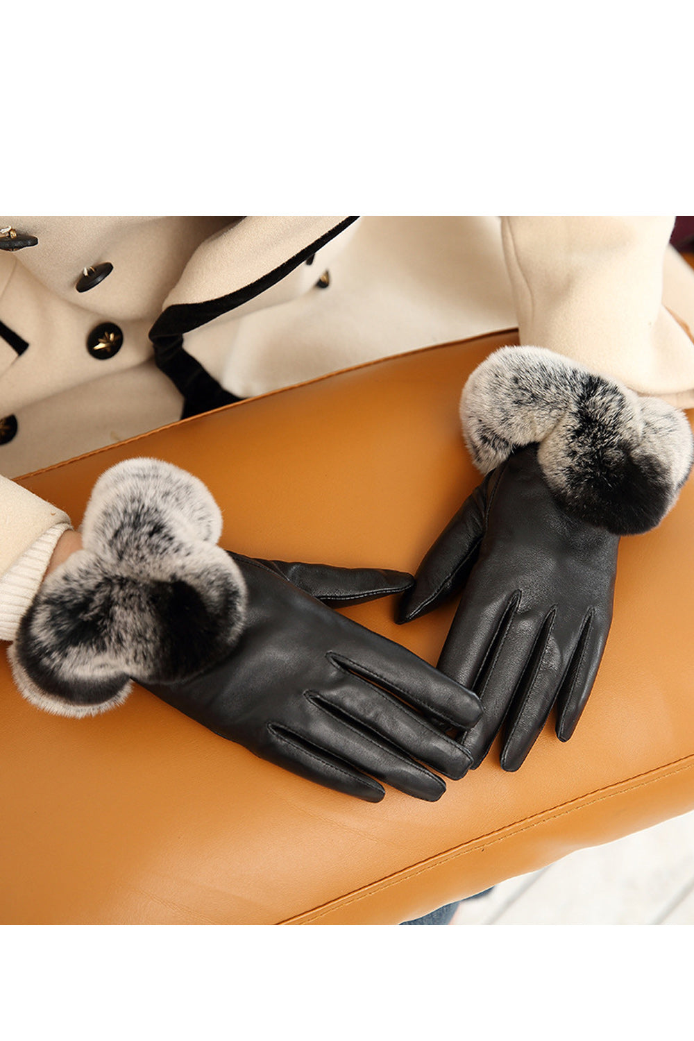 Women Fleece Ball Hand Protection Windproof Leather Gloves