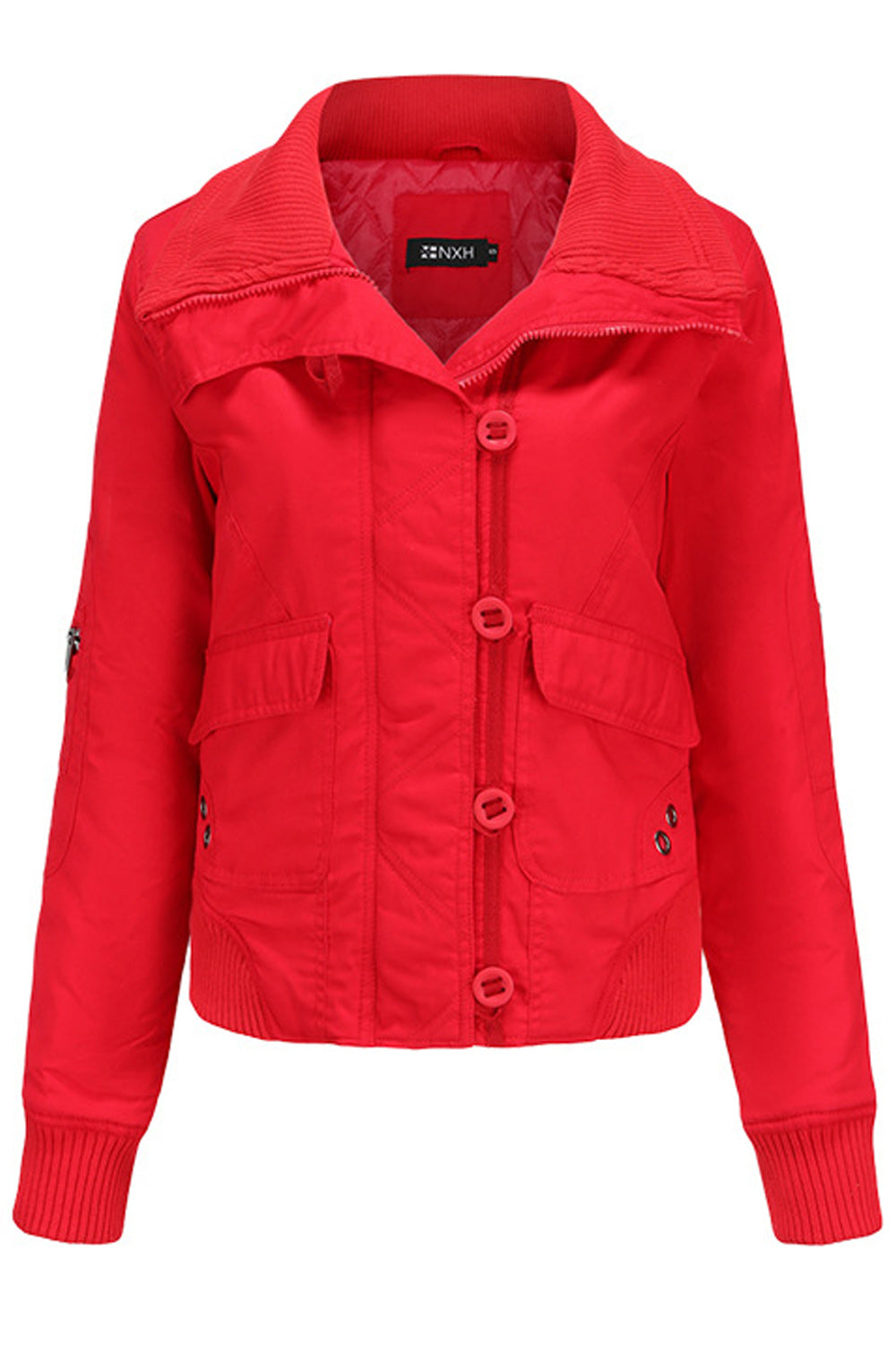 Women Stand Collar Zipper Closure Solid Pattern Warm Casual Jacket