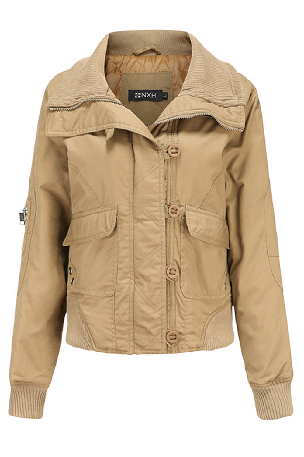 Women Stand Collar Zipper Closure Solid Pattern Warm Casual Jacket