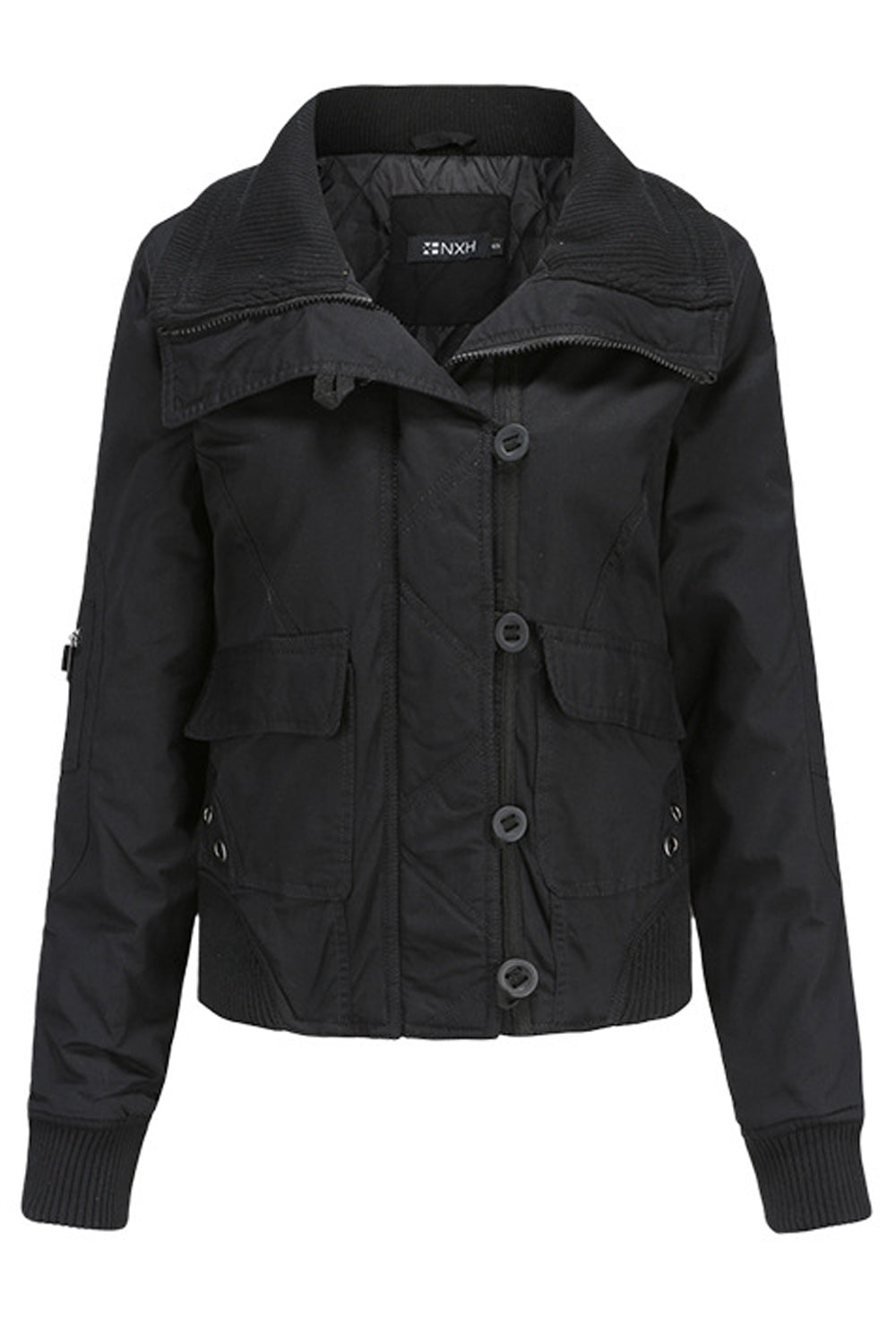 Women Stand Collar Zipper Closure Solid Pattern Warm Casual Jacket