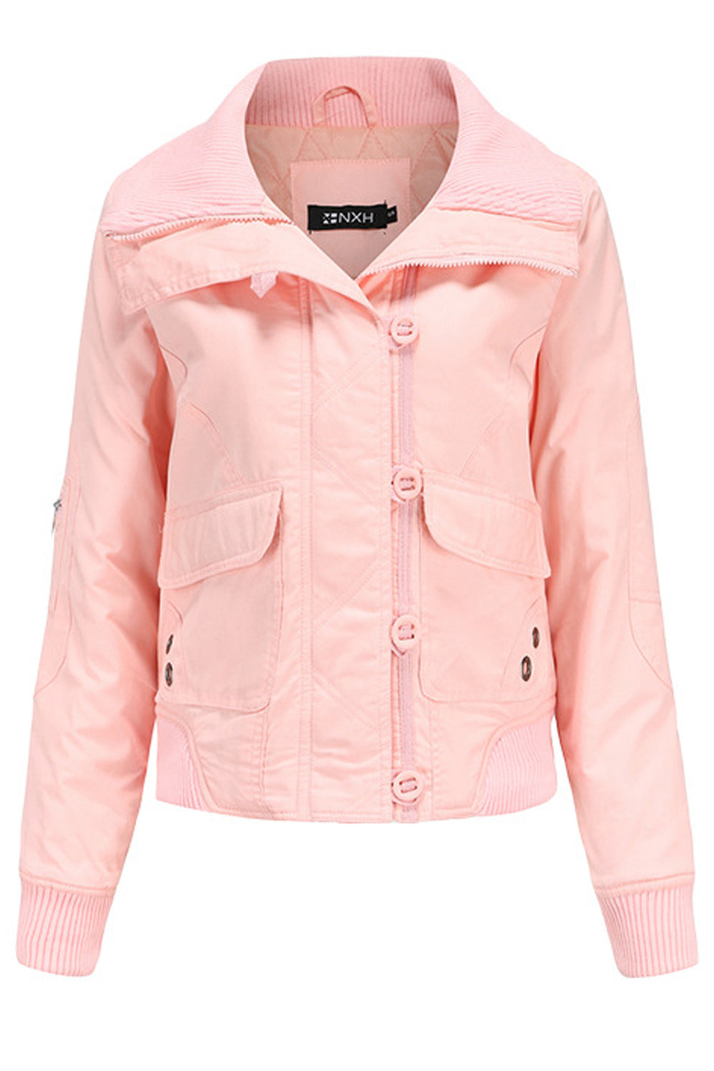 Women Stand Collar Zipper Closure Solid Pattern Warm Casual Jacket