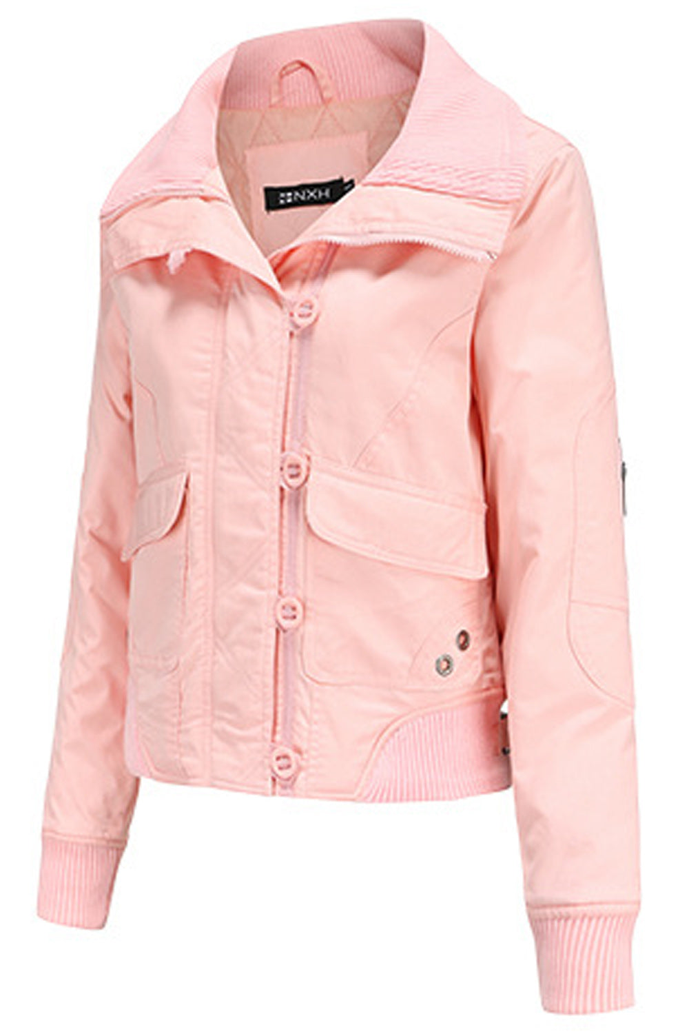 Women Stand Collar Zipper Closure Solid Pattern Warm Casual Jacket