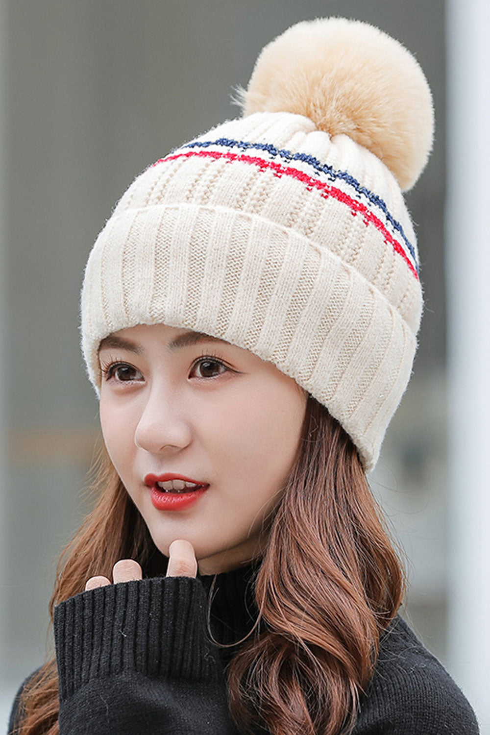 Women Pretty Hair Ball Decorated Cozy Soft Knitted Hat