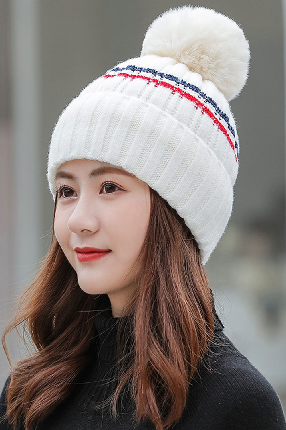 Women Pretty Hair Ball Decorated Cozy Soft Knitted Hat