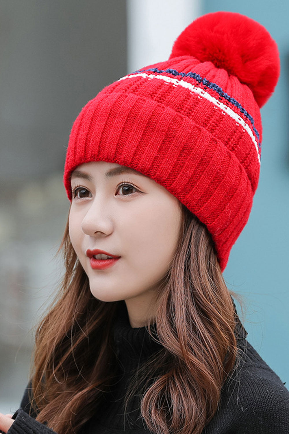 Women Pretty Hair Ball Decorated Cozy Soft Knitted Hat