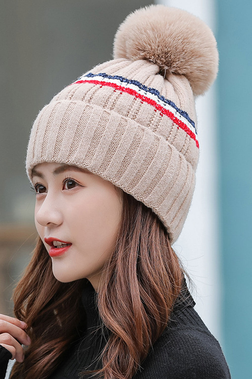 Women Pretty Hair Ball Decorated Cozy Soft Knitted Hat