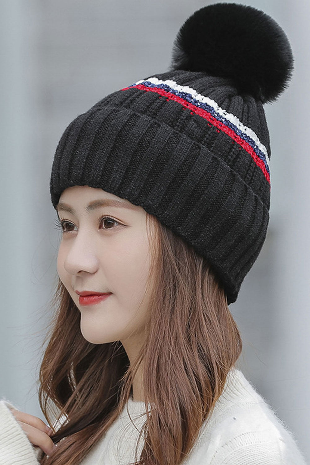 Women Pretty Hair Ball Decorated Cozy Soft Knitted Hat