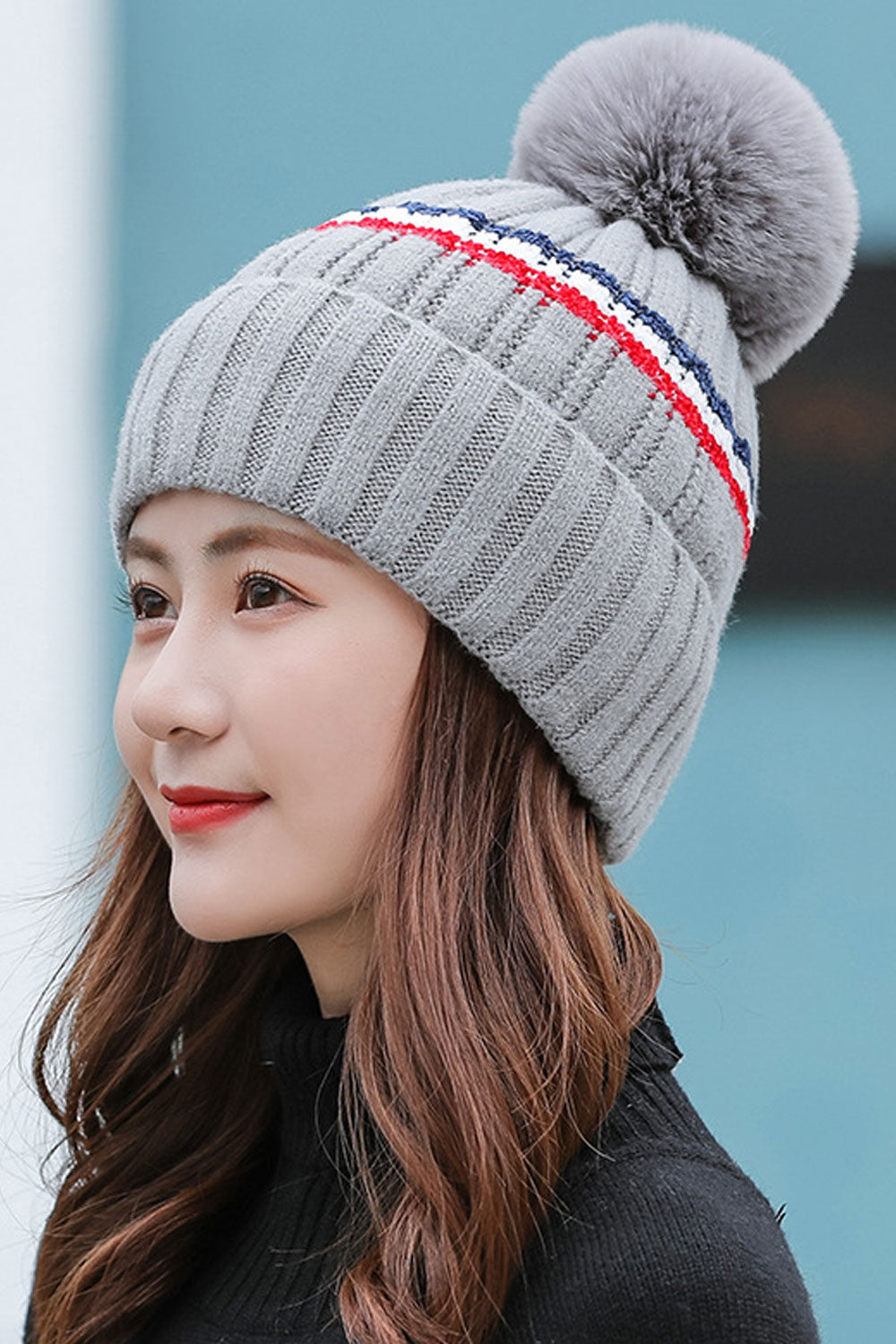 Women Pretty Hair Ball Decorated Cozy Soft Knitted Hat