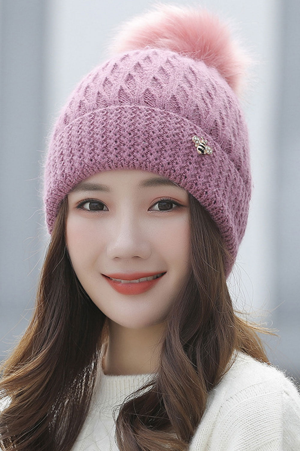 Women Solid Pattern Warm Hair Ball Decorated Cute Knitted Hat