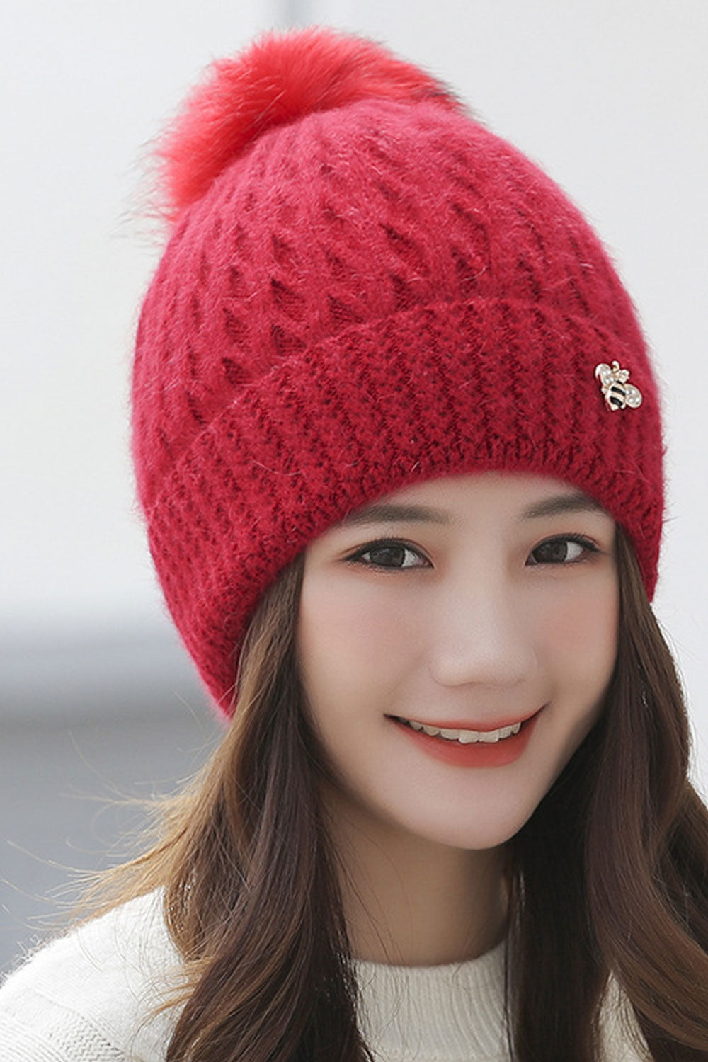 Women Solid Pattern Warm Hair Ball Decorated Cute Knitted Hat