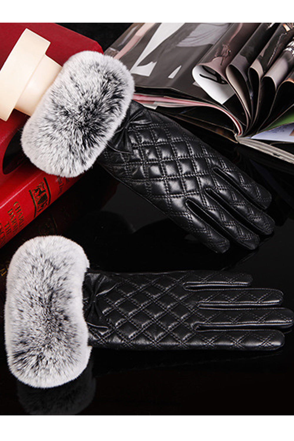 Women Thick Lattice Pattern Touch Screen Leather Gloves