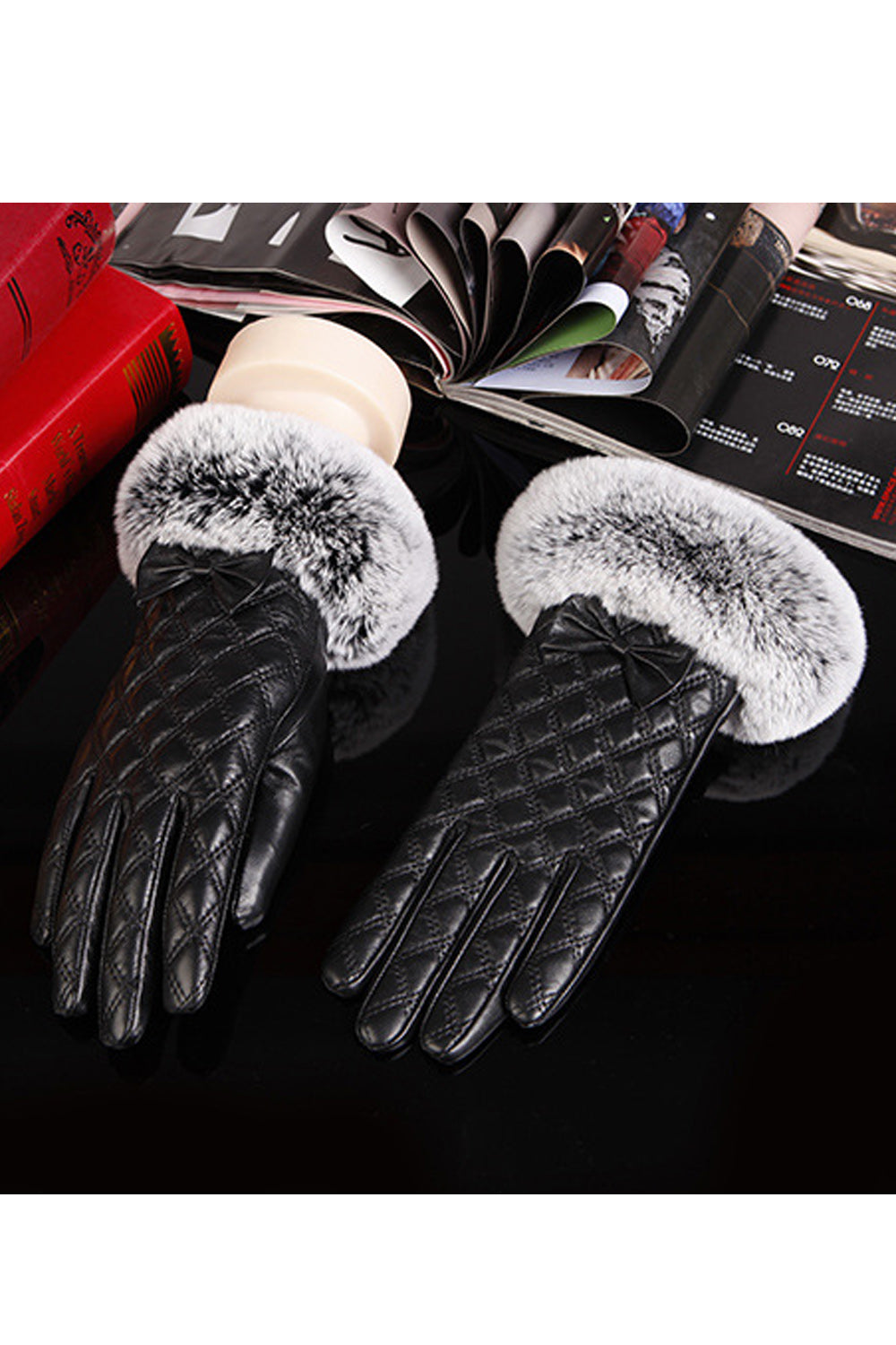Women Thick Lattice Pattern Touch Screen Leather Gloves