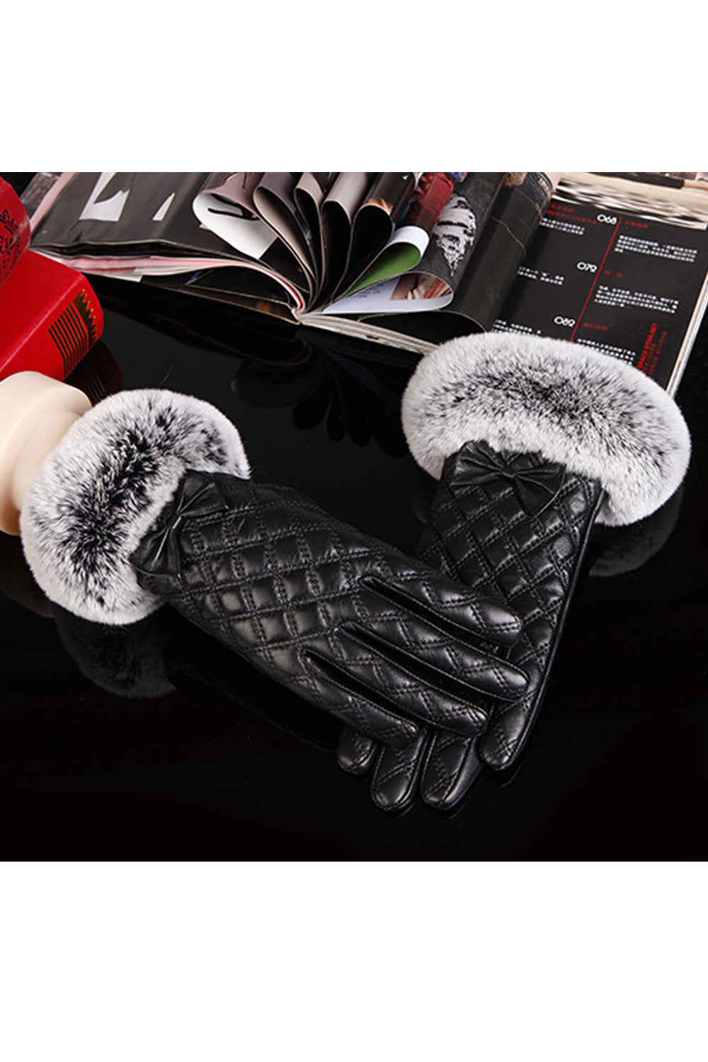 Women Thick Lattice Pattern Touch Screen Leather Gloves