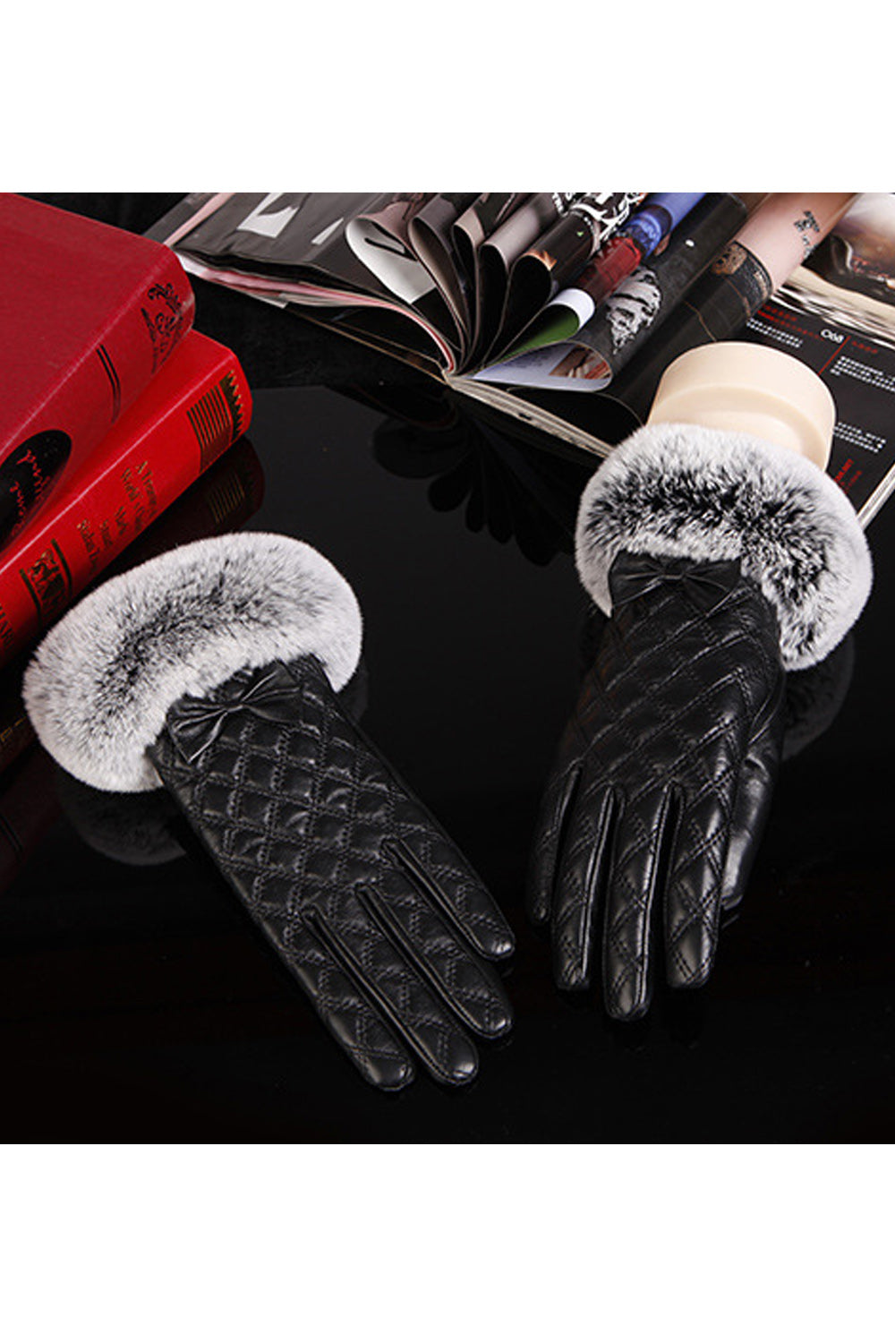 Women Thick Lattice Pattern Touch Screen Leather Gloves