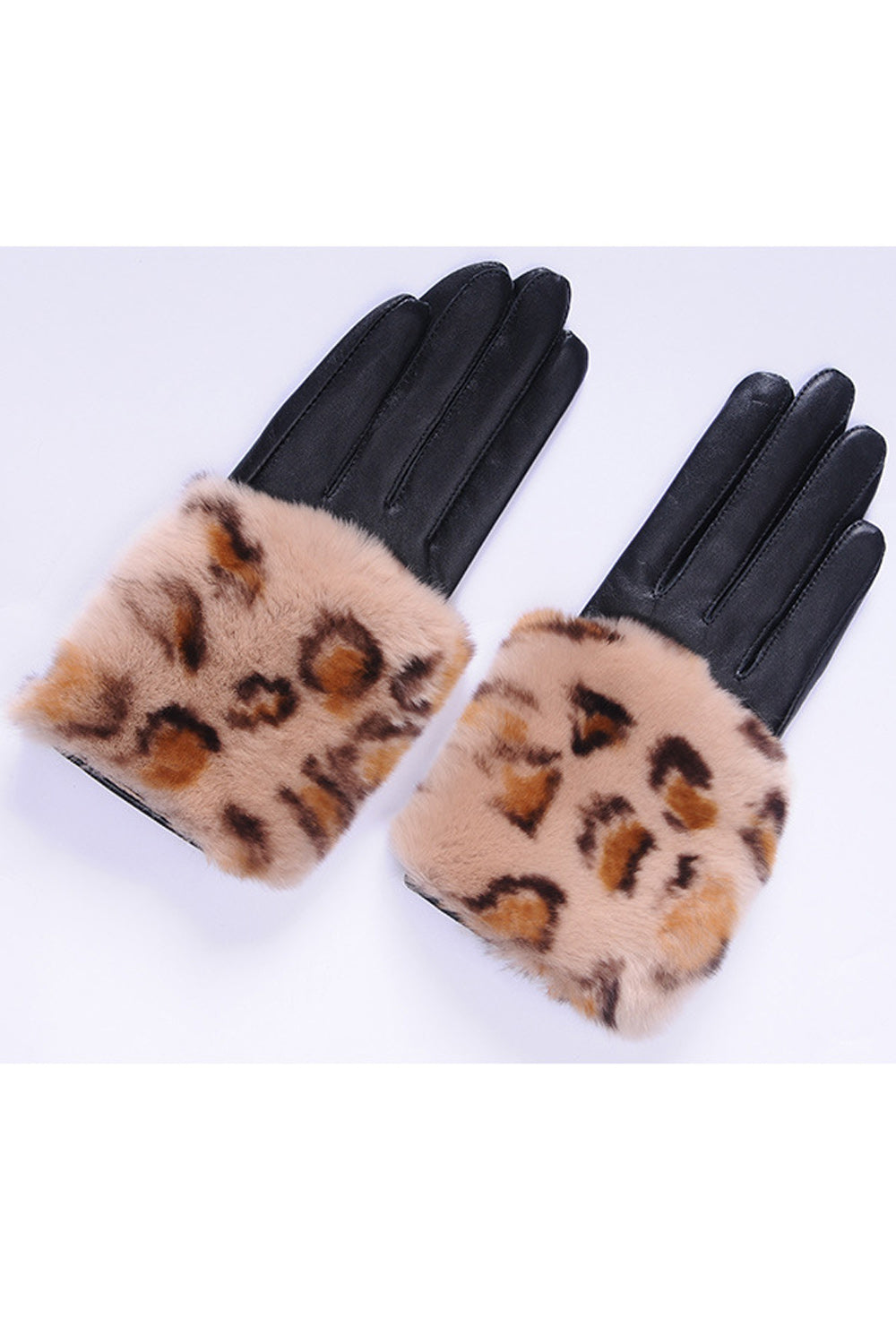 Women Fleece Leopard Wristband Hand Protection Leather Gloves
