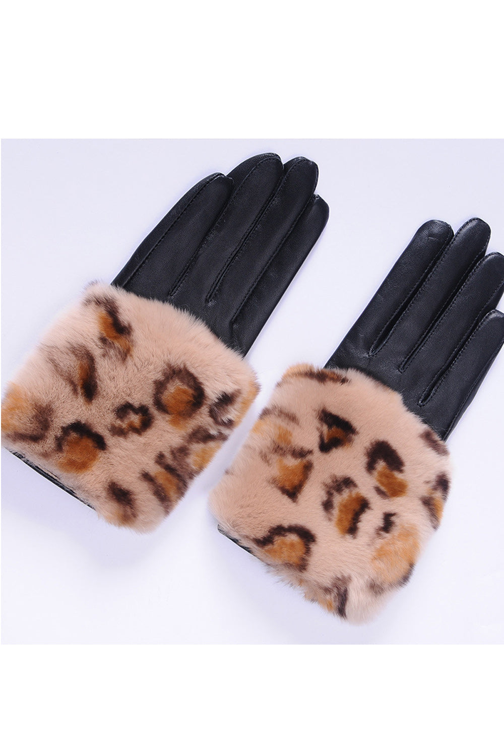 Women Fleece Leopard Wristband Hand Protection Leather Gloves